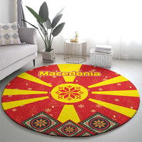 Macedonia Christmas Round Carpet with Yellow Sun, Santa, and Festive Tree Motif - Wonder Print Shop