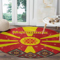 Macedonia Christmas Round Carpet with Yellow Sun, Santa, and Festive Tree Motif - Wonder Print Shop