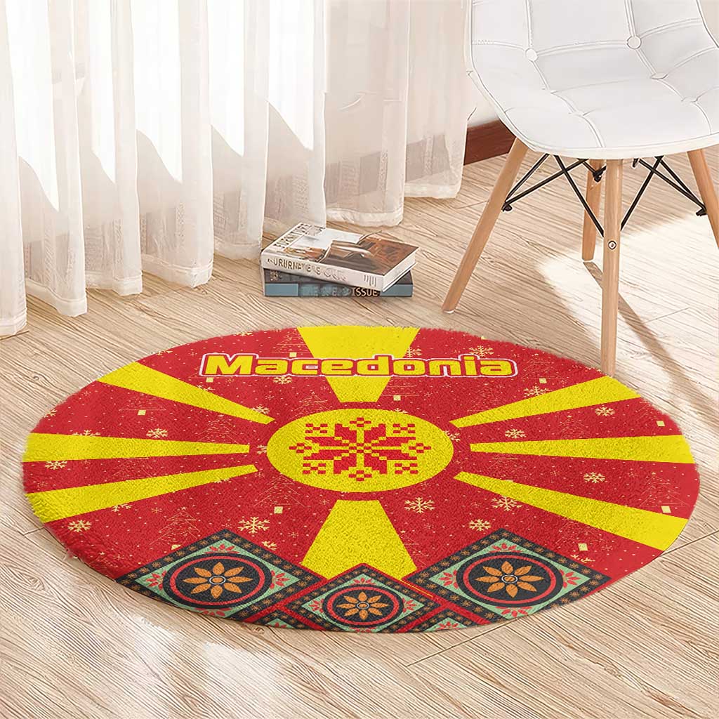 Macedonia Christmas Round Carpet with Yellow Sun, Santa, and Festive Tree Motif - Wonder Print Shop