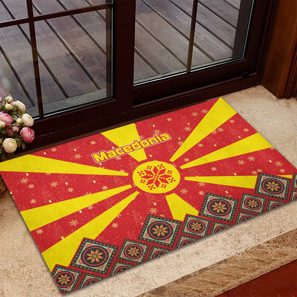 Macedonia Christmas Rubber Doormat with Yellow Sun, Santa, and Festive Tree Motif - Wonder Print Shop