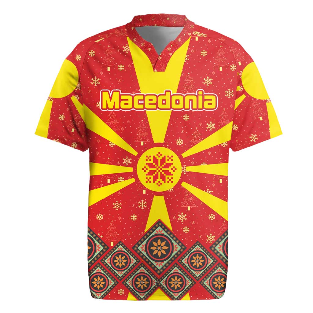 Macedonia Christmas Rugby Jersey with Yellow Sun, Santa, and Festive Tree Motif - Wonder Print Shop