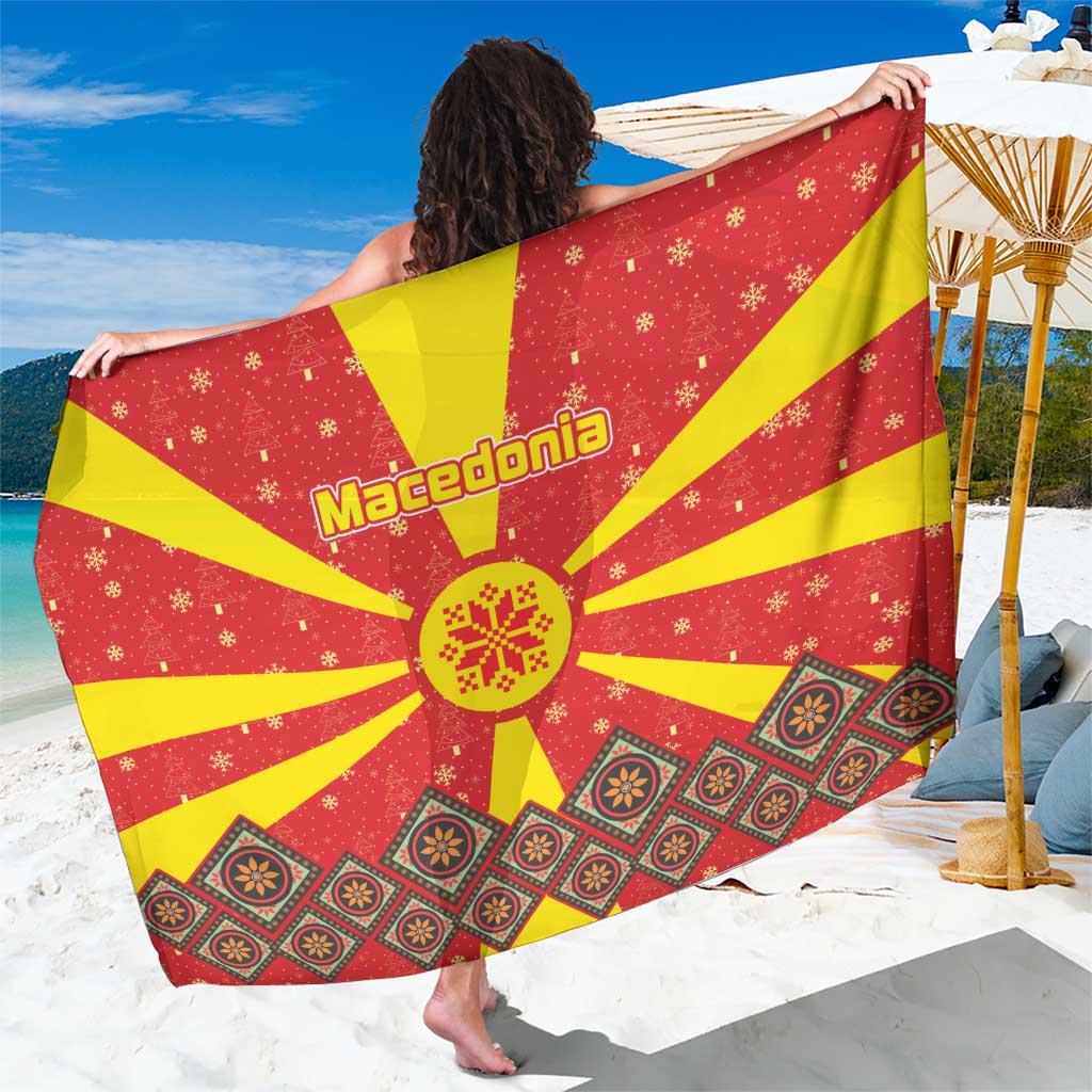 Macedonia Christmas Sarong with Yellow Sun, Santa, and Festive Tree Motif - Wonder Print Shop