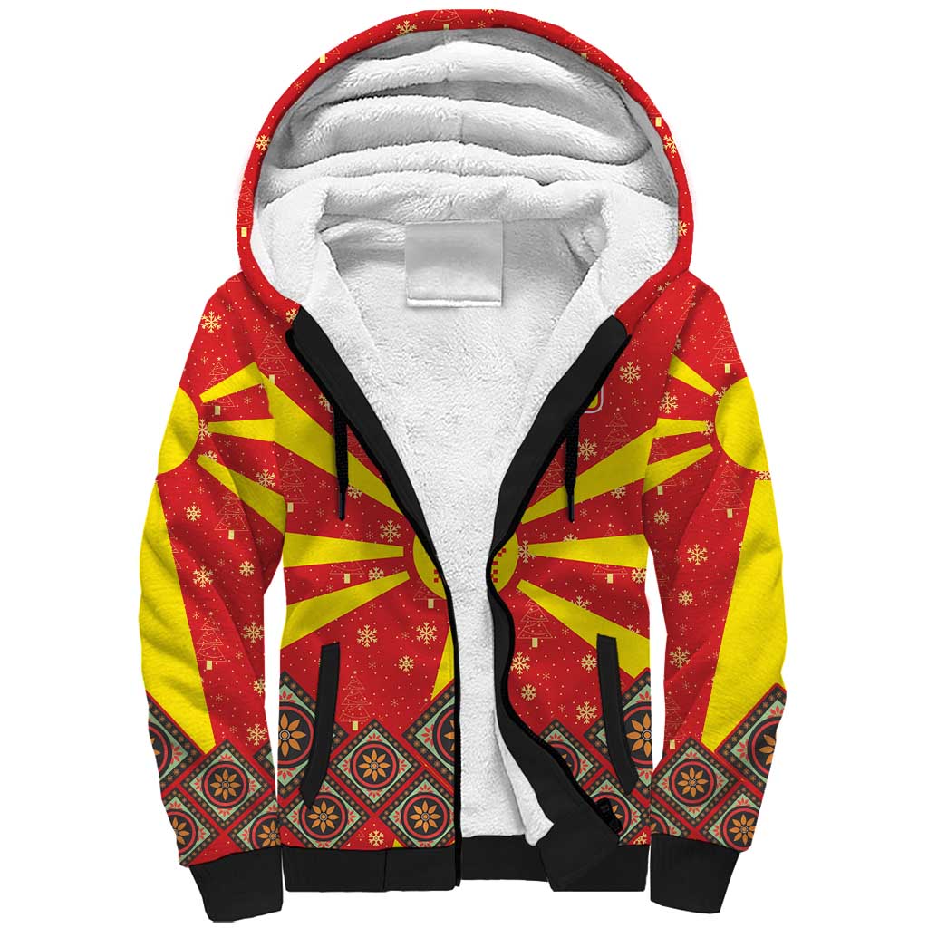 Macedonia Christmas Sherpa Hoodie with Yellow Sun, Santa, and Festive Tree Motif - Wonder Print Shop