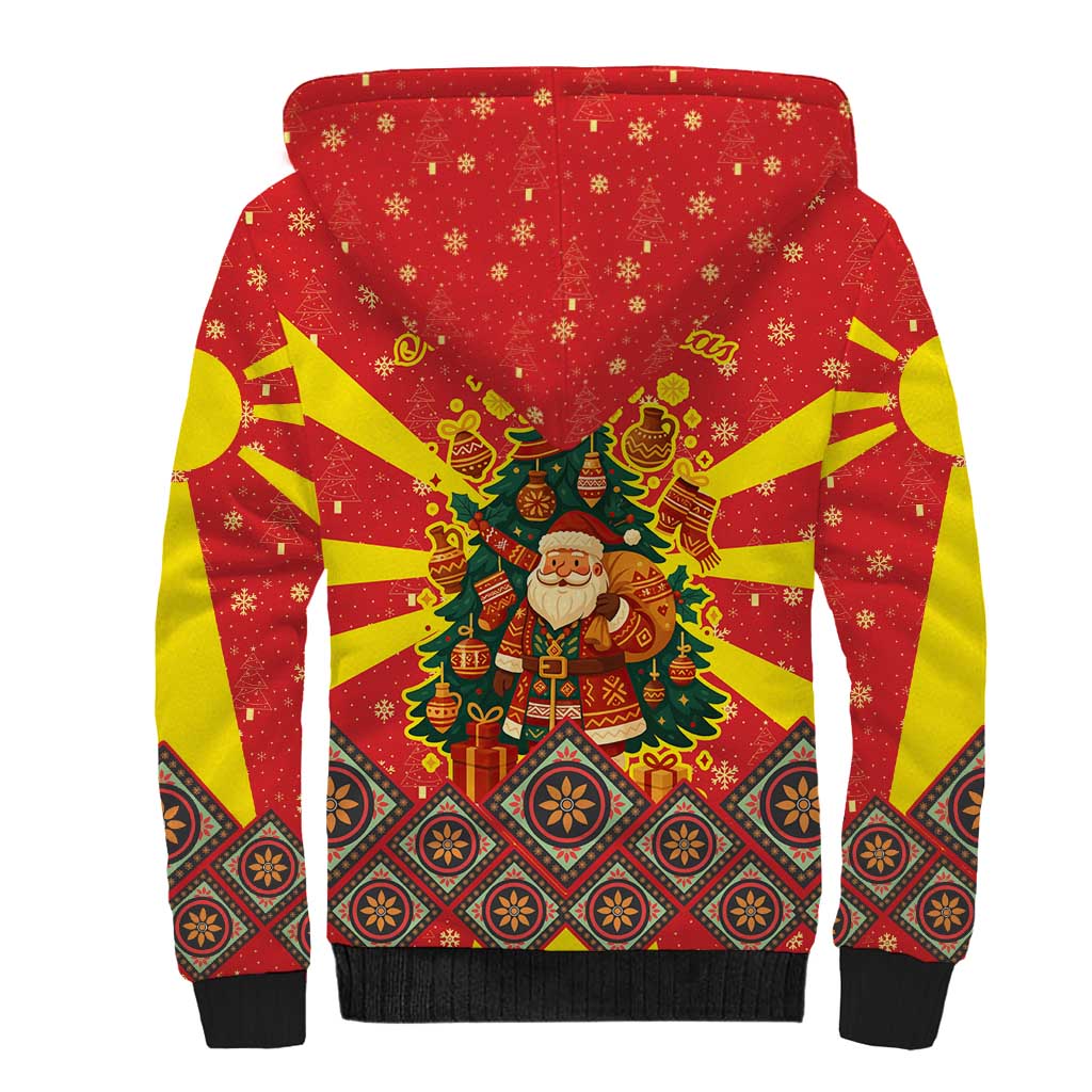 Macedonia Christmas Sherpa Hoodie with Yellow Sun, Santa, and Festive Tree Motif - Wonder Print Shop