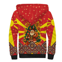 Macedonia Christmas Sherpa Hoodie with Yellow Sun, Santa, and Festive Tree Motif - Wonder Print Shop