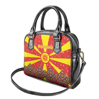 Macedonia Christmas Shoulder Handbag with Yellow Sun, Santa, and Festive Tree Motif - Wonder Print Shop