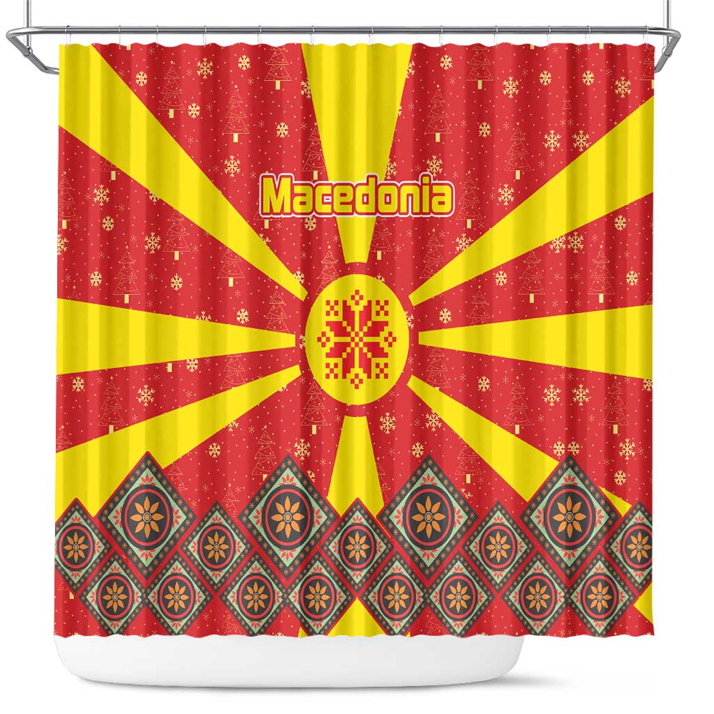 Macedonia Christmas Shower Curtain with Yellow Sun, Santa, and Festive Tree Motif - Wonder Print Shop