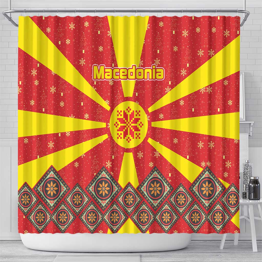 Macedonia Christmas Shower Curtain with Yellow Sun, Santa, and Festive Tree Motif - Wonder Print Shop