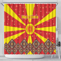 Macedonia Christmas Shower Curtain with Yellow Sun, Santa, and Festive Tree Motif - Wonder Print Shop