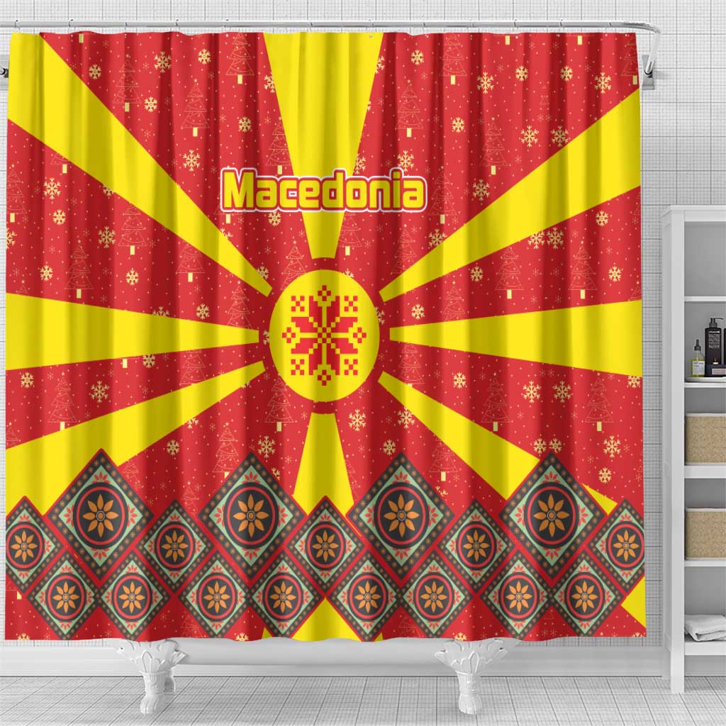 Macedonia Christmas Shower Curtain with Yellow Sun, Santa, and Festive Tree Motif - Wonder Print Shop
