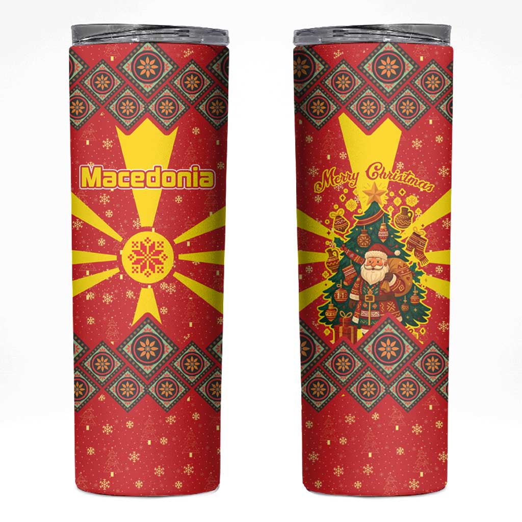 Macedonia Christmas Skinny Tumbler with Yellow Sun, Santa, and Festive Tree Motif - Wonder Print Shop