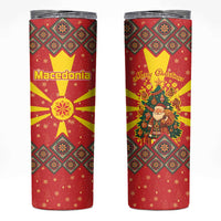 Macedonia Christmas Skinny Tumbler with Yellow Sun, Santa, and Festive Tree Motif - Wonder Print Shop