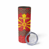 Macedonia Christmas Skinny Tumbler with Yellow Sun, Santa, and Festive Tree Motif - Wonder Print Shop