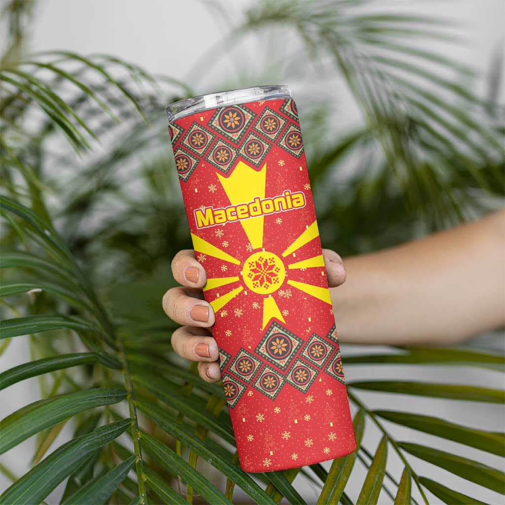 Macedonia Christmas Skinny Tumbler with Yellow Sun, Santa, and Festive Tree Motif - Wonder Print Shop