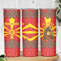 Macedonia Christmas Skinny Tumbler with Yellow Sun, Santa, and Festive Tree Motif - Wonder Print Shop