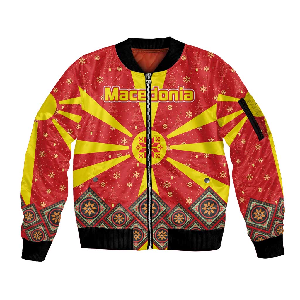 Macedonia Christmas Sleeve Zip Bomber Jacket with Yellow Sun, Santa, and Festive Tree Motif - Wonder Print Shop