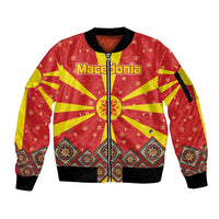 Macedonia Christmas Sleeve Zip Bomber Jacket with Yellow Sun, Santa, and Festive Tree Motif - Wonder Print Shop