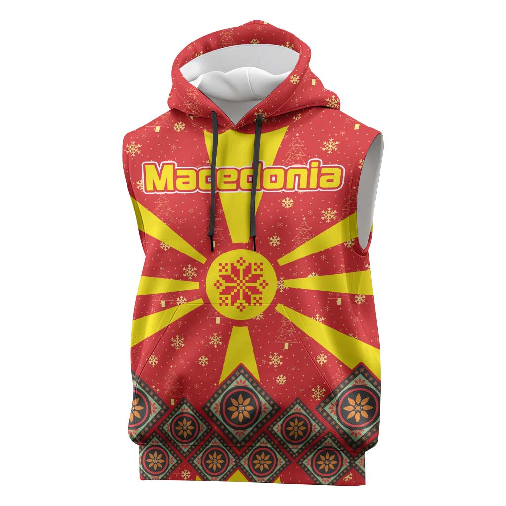 Macedonia Christmas Sleeveless Hoodie with Yellow Sun, Santa, and Festive Tree Motif - Wonder Print Shop