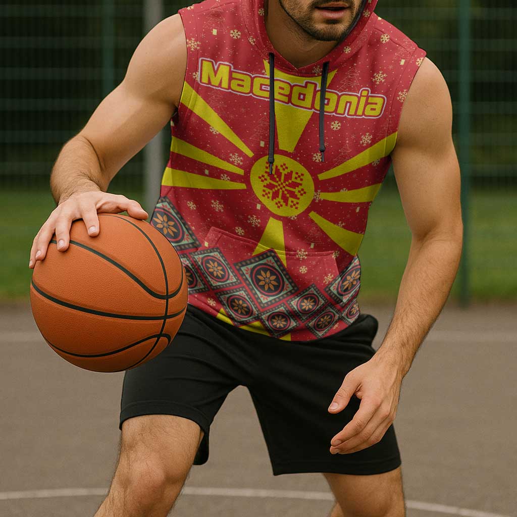 Macedonia Christmas Sleeveless Hoodie with Yellow Sun, Santa, and Festive Tree Motif - Wonder Print Shop
