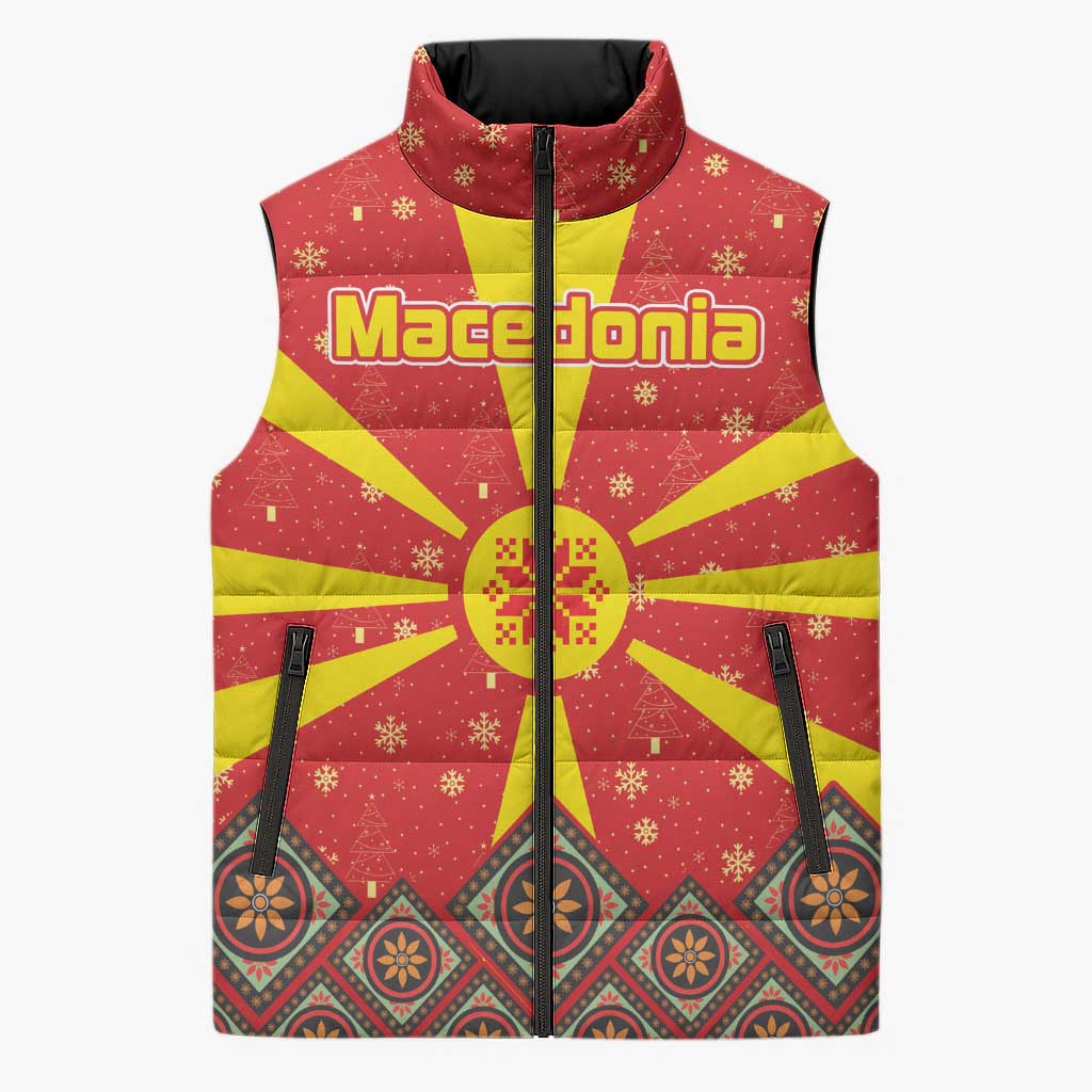 Macedonia Christmas Sleeveless Puffer Jacket with Yellow Sun, Santa, and Festive Tree Motif - Wonder Print Shop