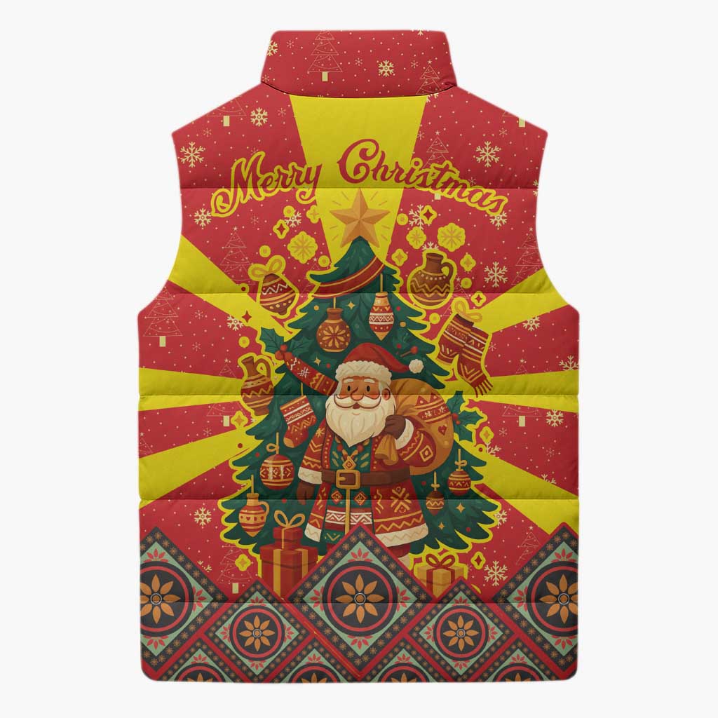 Macedonia Christmas Sleeveless Puffer Jacket with Yellow Sun, Santa, and Festive Tree Motif - Wonder Print Shop