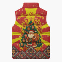 Macedonia Christmas Sleeveless Puffer Jacket with Yellow Sun, Santa, and Festive Tree Motif - Wonder Print Shop