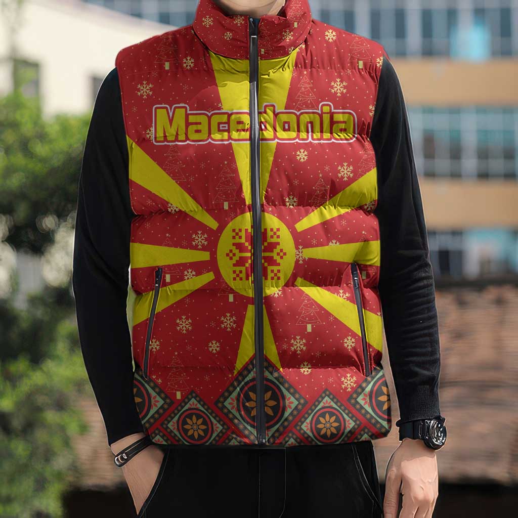 Macedonia Christmas Sleeveless Puffer Jacket with Yellow Sun, Santa, and Festive Tree Motif - Wonder Print Shop