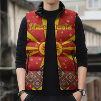 Macedonia Christmas Sleeveless Puffer Jacket with Yellow Sun, Santa, and Festive Tree Motif - Wonder Print Shop