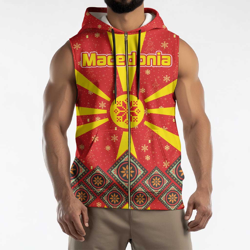 Macedonia Christmas Sleeveless Zip Hoodie with Yellow Sun, Santa, and Festive Tree Motif - Wonder Print Shop