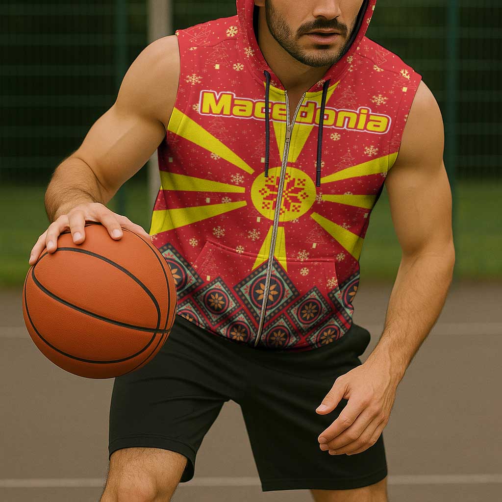 Macedonia Christmas Sleeveless Zip Hoodie with Yellow Sun, Santa, and Festive Tree Motif - Wonder Print Shop