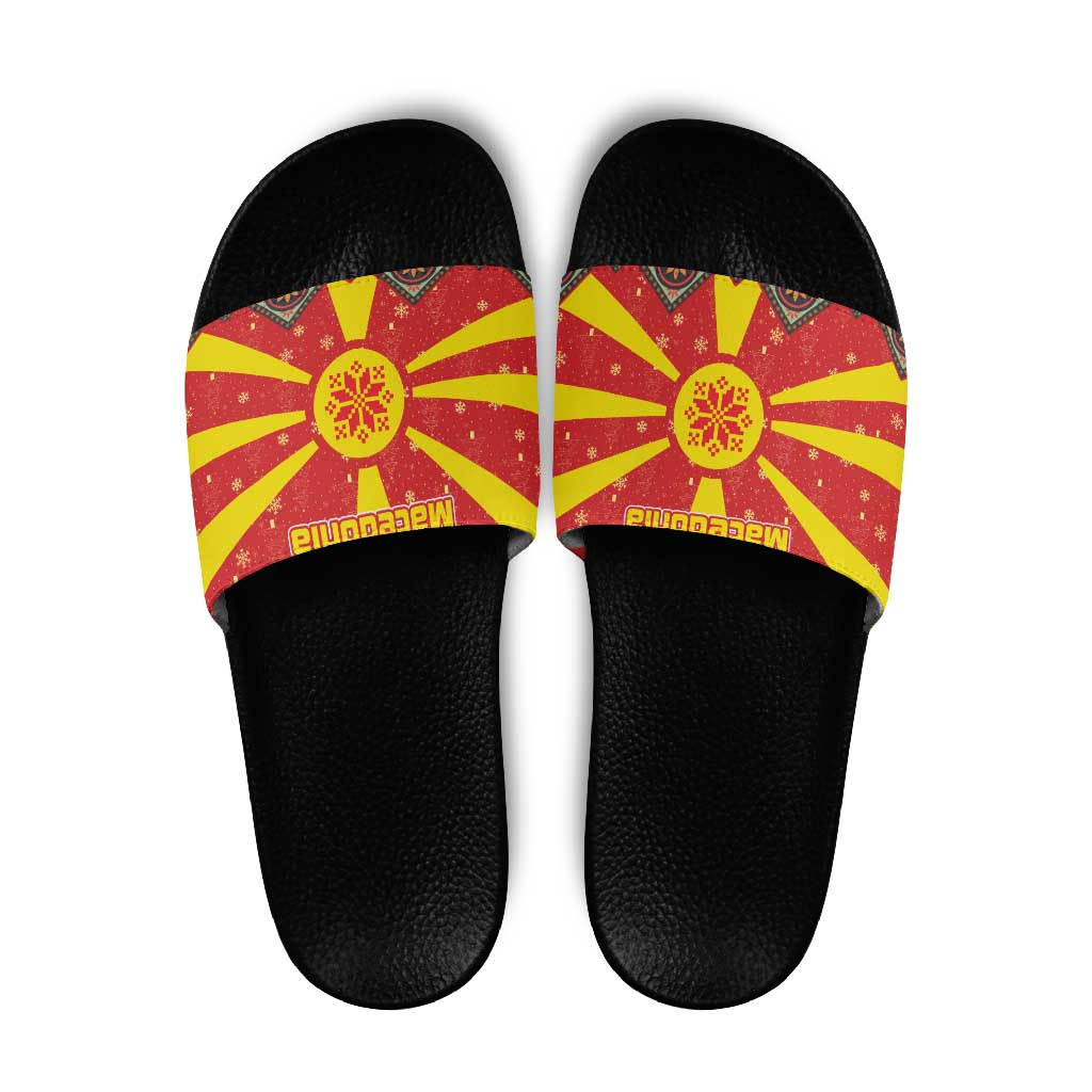 Macedonia Christmas Slide Sandals with Yellow Sun, Santa, and Festive Tree Motif - Wonder Print Shop