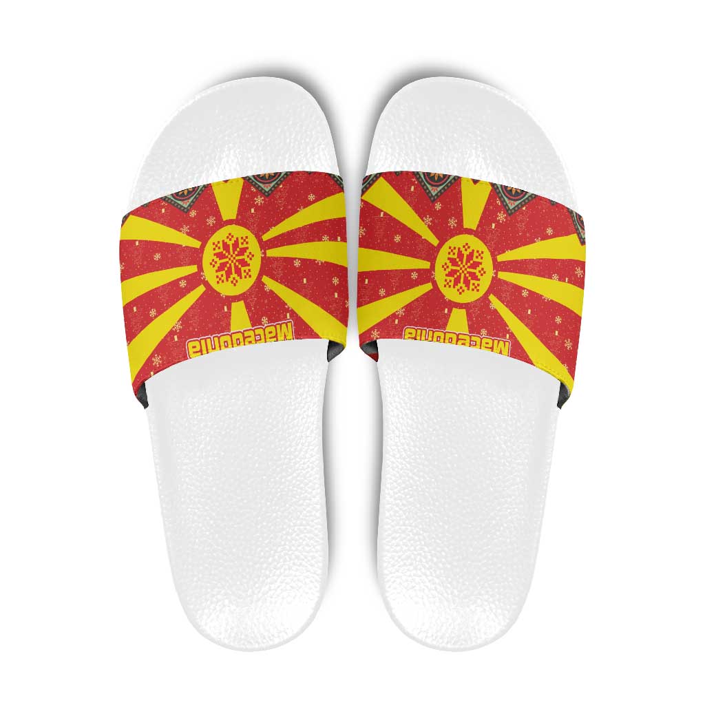 Macedonia Christmas Slide Sandals with Yellow Sun, Santa, and Festive Tree Motif - Wonder Print Shop