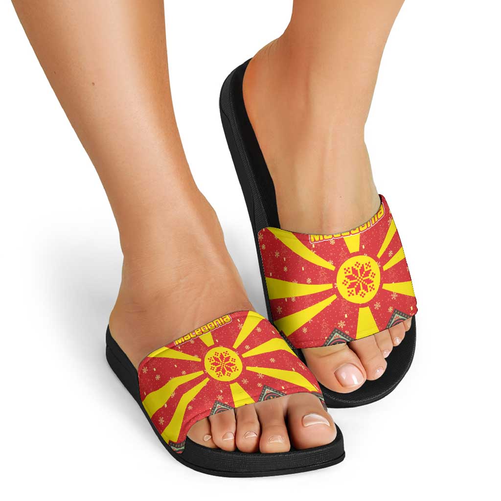 Macedonia Christmas Slide Sandals with Yellow Sun, Santa, and Festive Tree Motif - Wonder Print Shop
