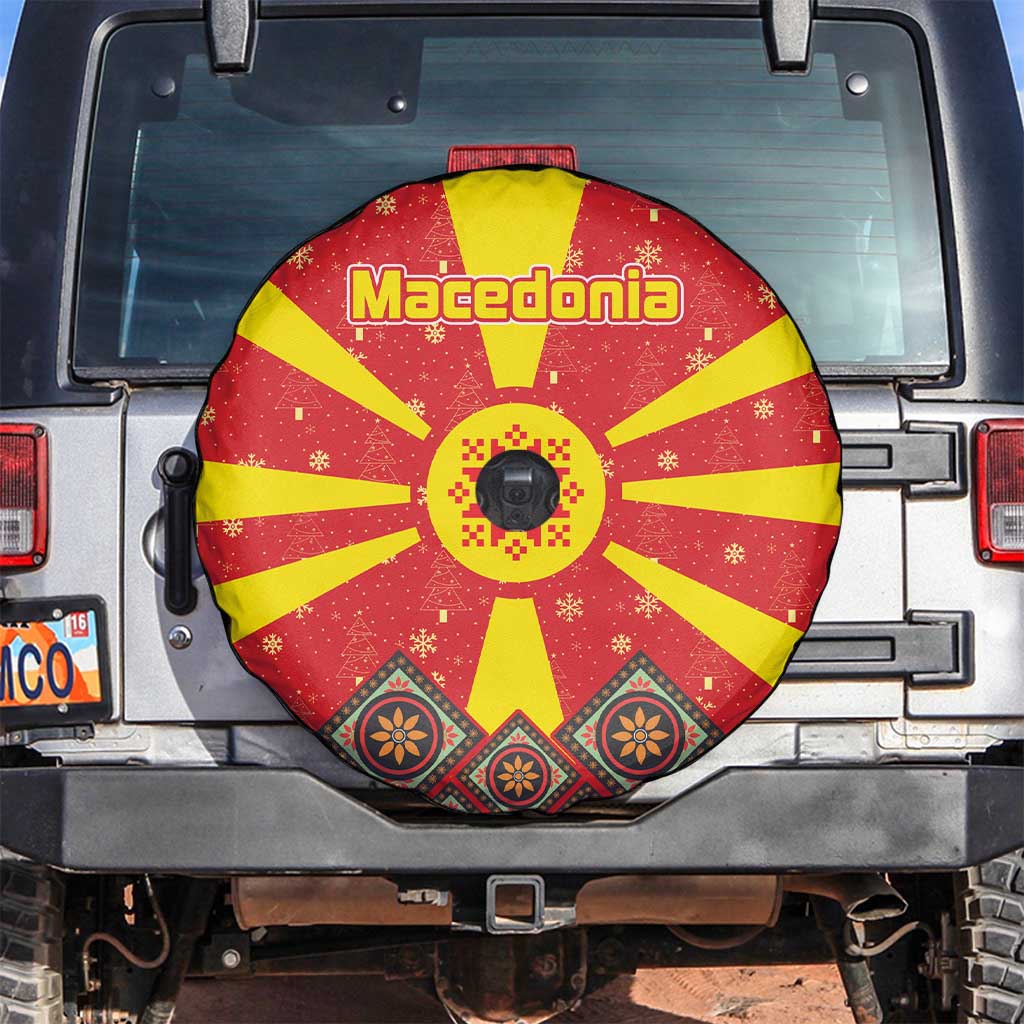 Macedonia Christmas Spare Tire Cover with Yellow Sun, Santa, and Festive Tree Motif - Wonder Print Shop