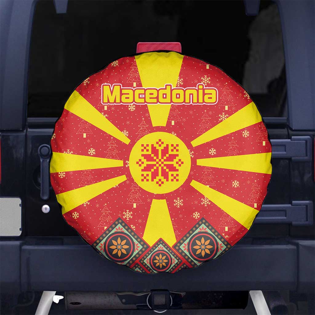 Macedonia Christmas Spare Tire Cover with Yellow Sun, Santa, and Festive Tree Motif - Wonder Print Shop