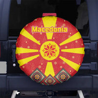 Macedonia Christmas Spare Tire Cover with Yellow Sun, Santa, and Festive Tree Motif - Wonder Print Shop
