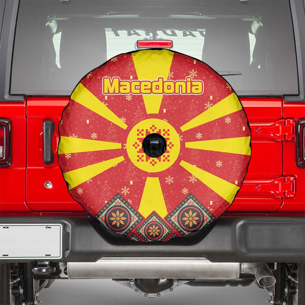 Macedonia Christmas Spare Tire Cover with Yellow Sun, Santa, and Festive Tree Motif - Wonder Print Shop