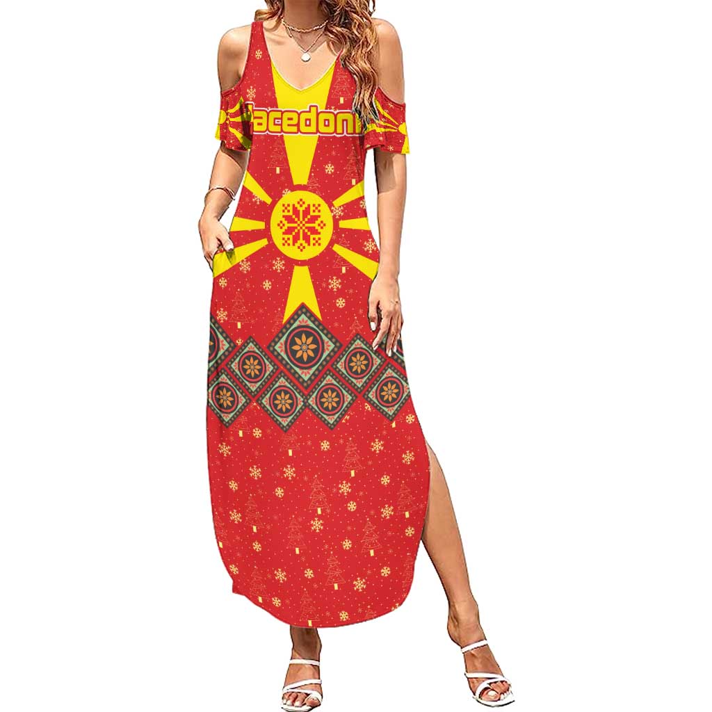 Macedonia Christmas Summer Maxi Dress with Yellow Sun, Santa, and Festive Tree Motif - Wonder Print Shop