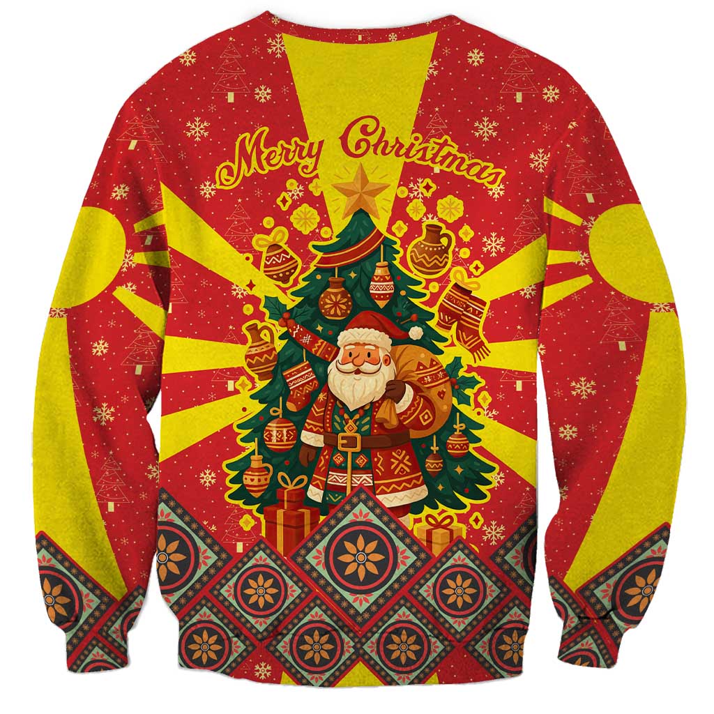 Macedonia Christmas Sweatshirt with Yellow Sun, Santa, and Festive Tree Motif - Wonder Print Shop