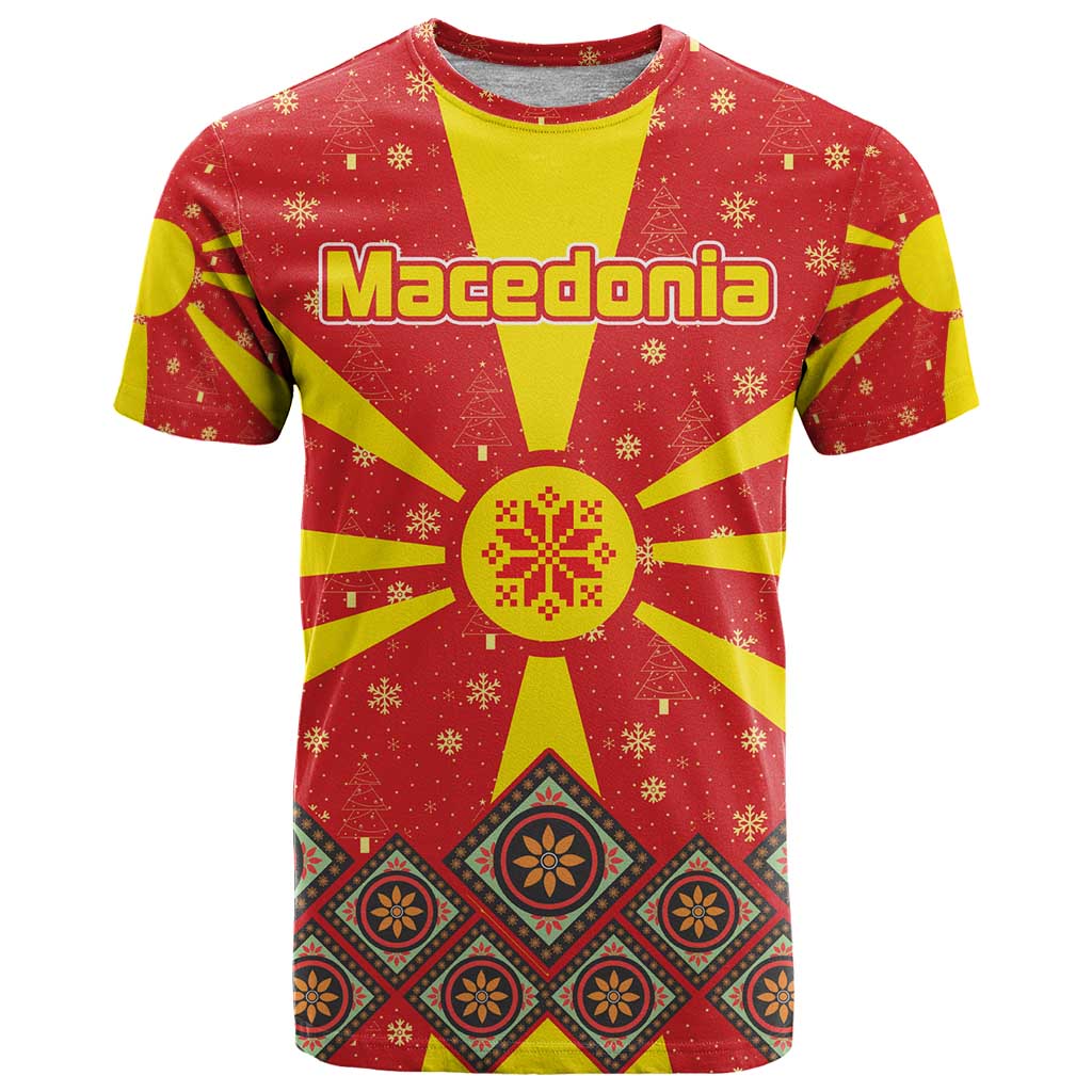 Macedonia Christmas T Shirt with Yellow Sun, Santa, and Festive Tree Motif - Wonder Print Shop