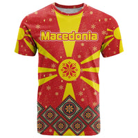 Macedonia Christmas T Shirt with Yellow Sun, Santa, and Festive Tree Motif - Wonder Print Shop