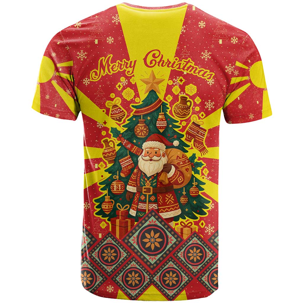 Macedonia Christmas T Shirt with Yellow Sun, Santa, and Festive Tree Motif - Wonder Print Shop