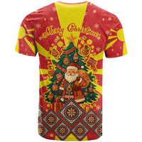 Macedonia Christmas T Shirt with Yellow Sun, Santa, and Festive Tree Motif - Wonder Print Shop