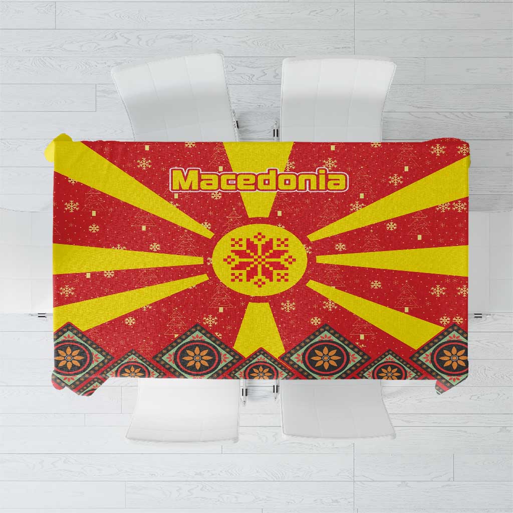 Macedonia Christmas Tablecloth with Yellow Sun, Santa, and Festive Tree Motif - Wonder Print Shop