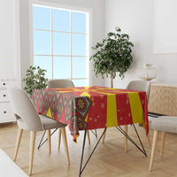Macedonia Christmas Tablecloth with Yellow Sun, Santa, and Festive Tree Motif - Wonder Print Shop
