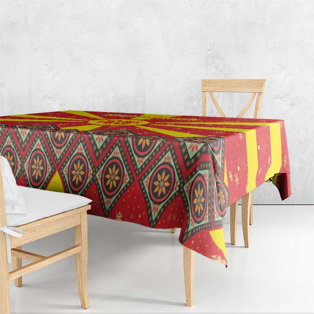 Macedonia Christmas Tablecloth with Yellow Sun, Santa, and Festive Tree Motif - Wonder Print Shop