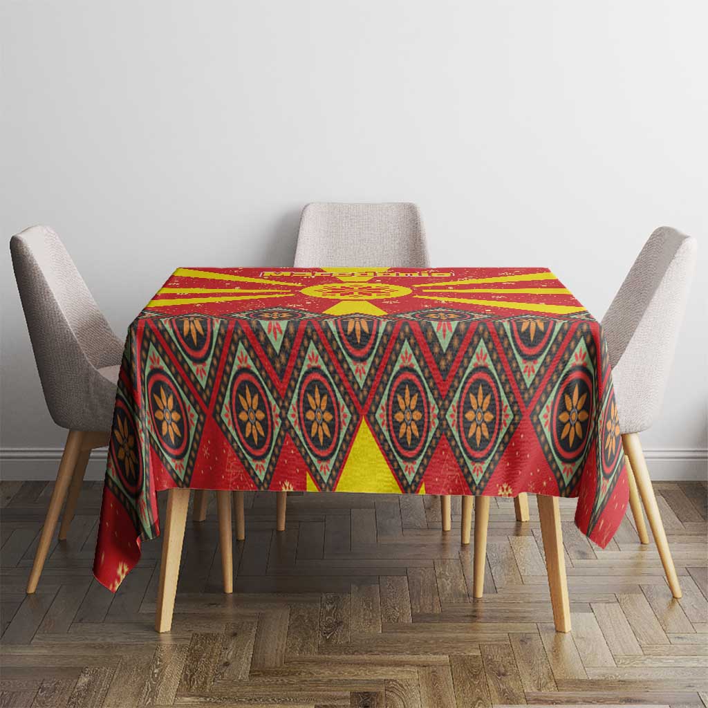 Macedonia Christmas Tablecloth with Yellow Sun, Santa, and Festive Tree Motif - Wonder Print Shop