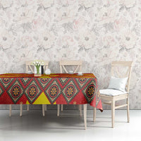 Macedonia Christmas Tablecloth with Yellow Sun, Santa, and Festive Tree Motif - Wonder Print Shop
