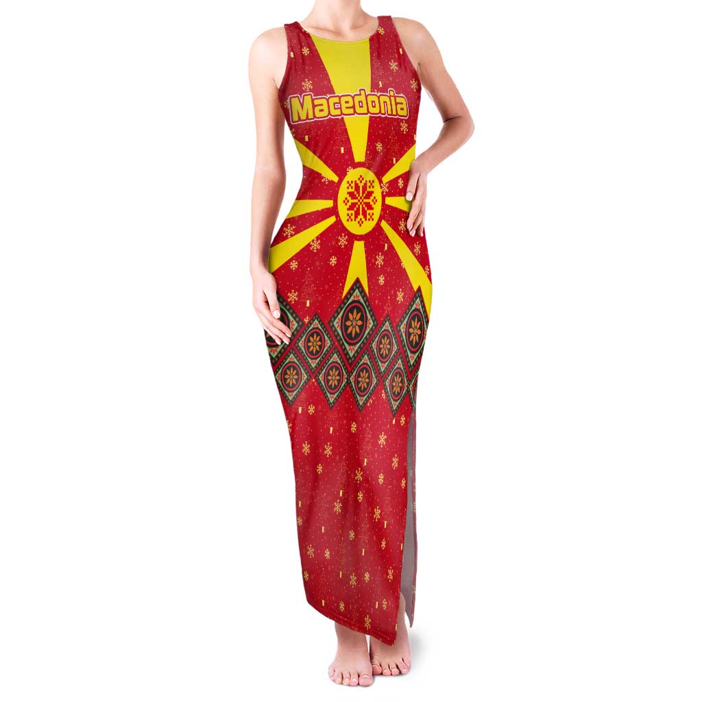 Macedonia Christmas Tank Maxi Dress with Yellow Sun, Santa, and Festive Tree Motif - Wonder Print Shop