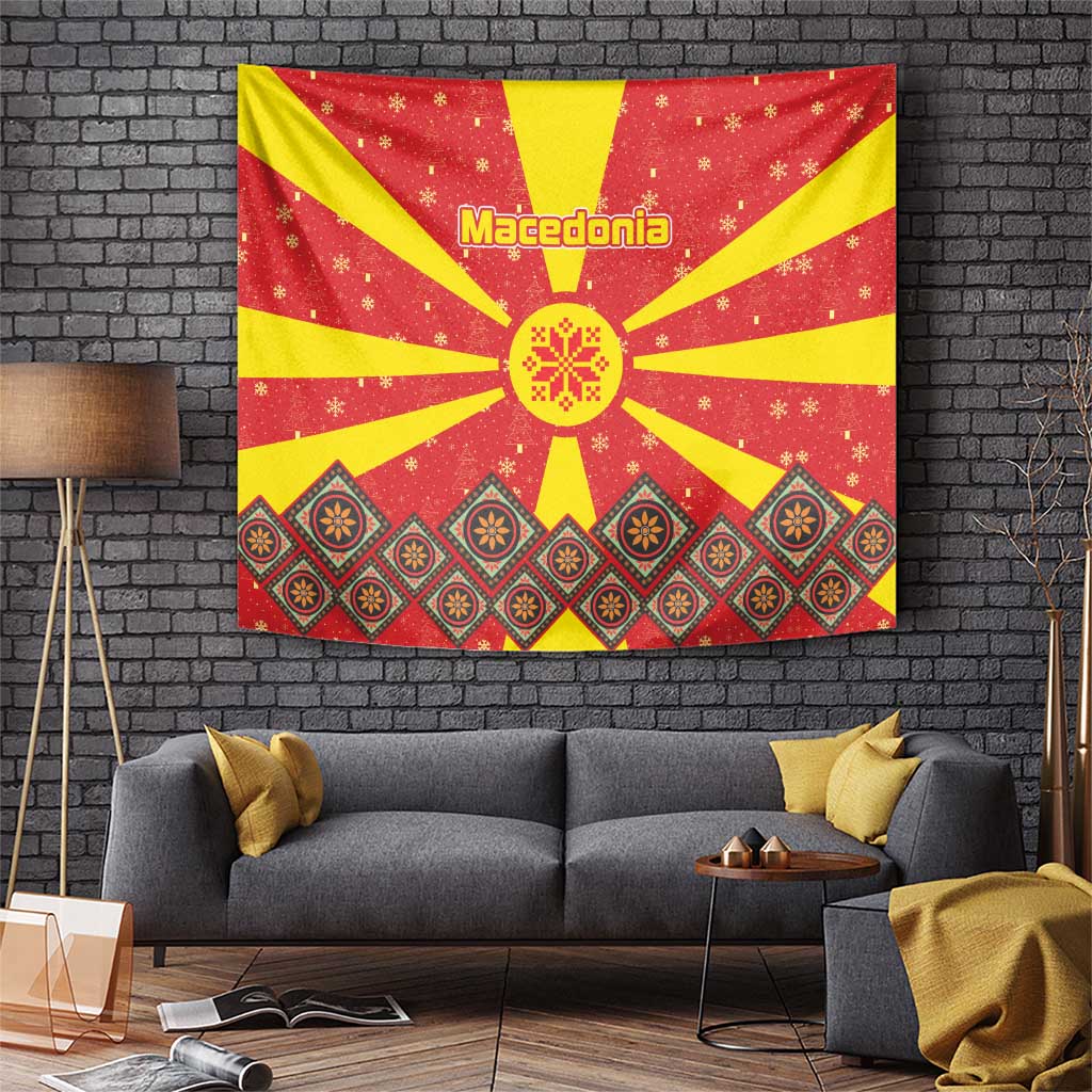 Macedonia Christmas Tapestry with Yellow Sun, Santa, and Festive Tree Motif - Wonder Print Shop
